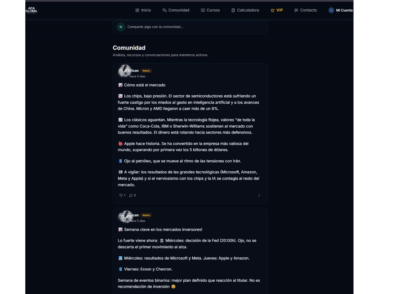 The community wall — market analysis and discussion for active members.