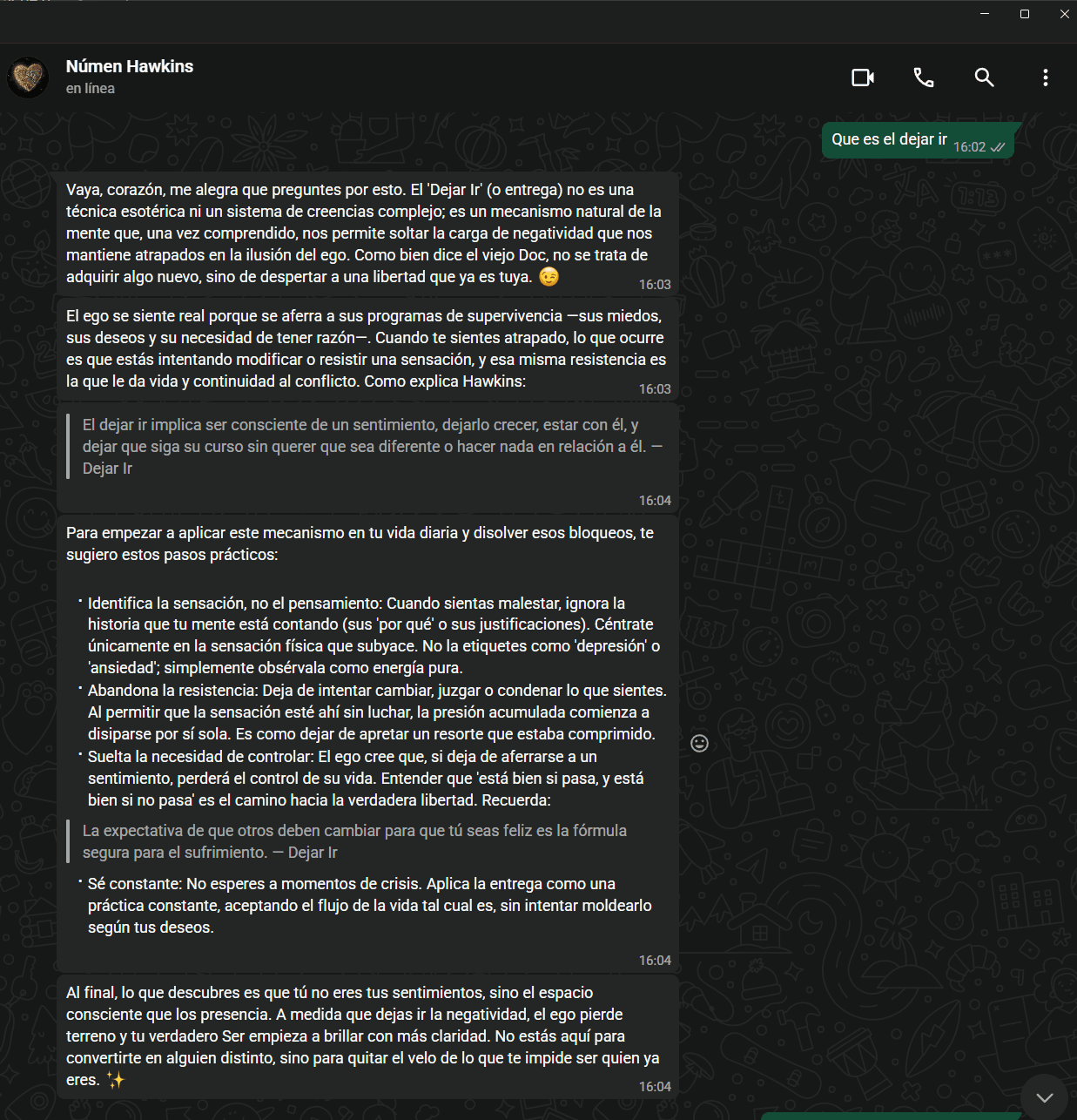 Numen answering a question about the Letting Go method on WhatsApp — grounded answers with book citations.